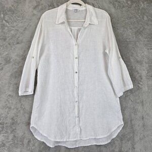 Rosemarine Dress Womens Large White Linen Button Front Shirt Dress Sheer Italy